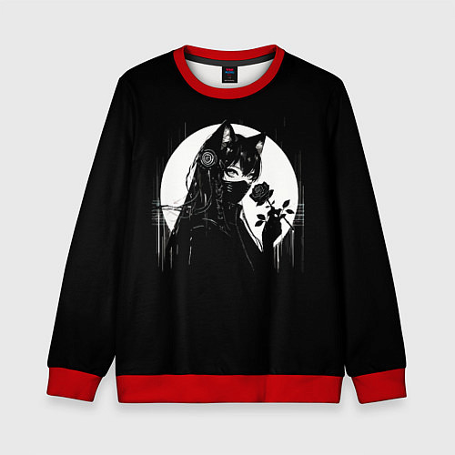 Детский свитшот Девушка-кошка с чёрной розой / 3D-Красный – фото 1