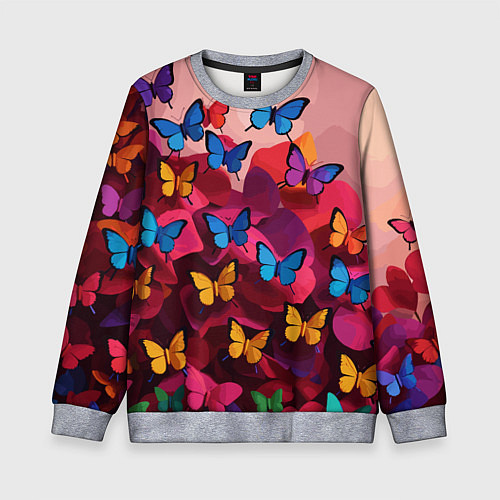 Детский свитшот Разноцветные бабочки - розовые цветы / 3D-Меланж – фото 1