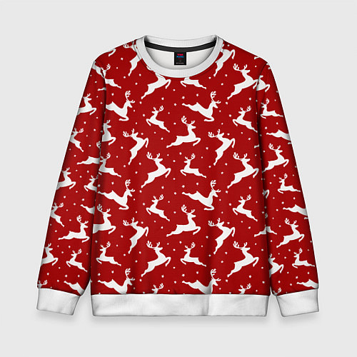 Детский свитшот Красный паттерн с новогодними оленями / 3D-Белый – фото 1