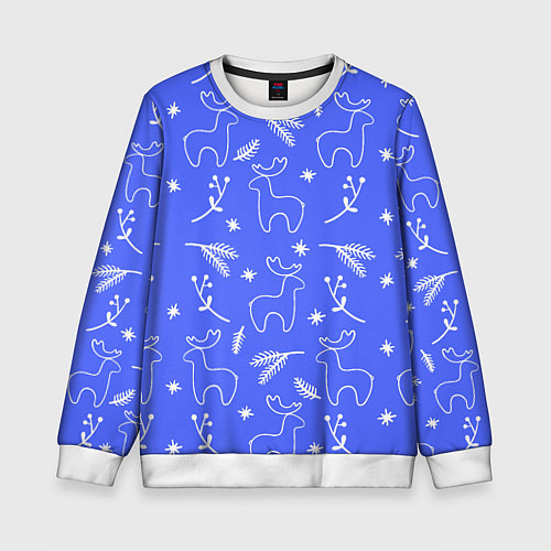 Детский свитшот Синий рождественский принт с оленями / 3D-Белый – фото 1