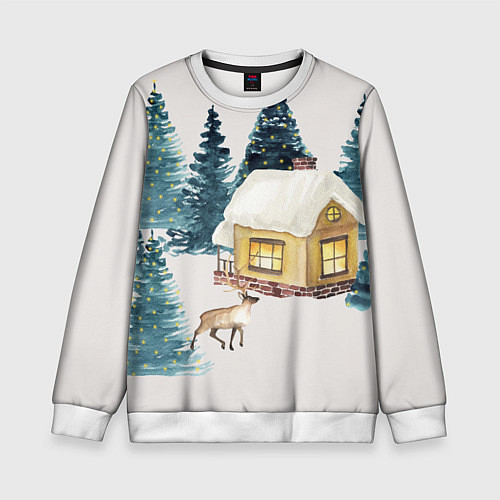 Детский свитшот Зимний дом в лесу с оленем / 3D-Белый – фото 1