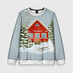 Свитшот детский Красный дом в зимнем лесу, цвет: 3D-белый