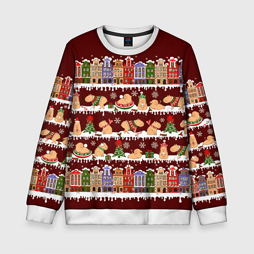 Детский свитшот Капибара с семьей зимой / 3D-Белый – фото 1