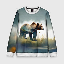 Свитшот детский Минималистичный пейзаж с медведем акварель, цвет: 3D-белый