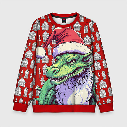 Детский свитшот Большой зеленый новогодний дракон / 3D-Красный – фото 1