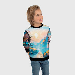 Свитшот детский Японский город вдали и цветущая Сакура у реки, цвет: 3D-черный — фото 2