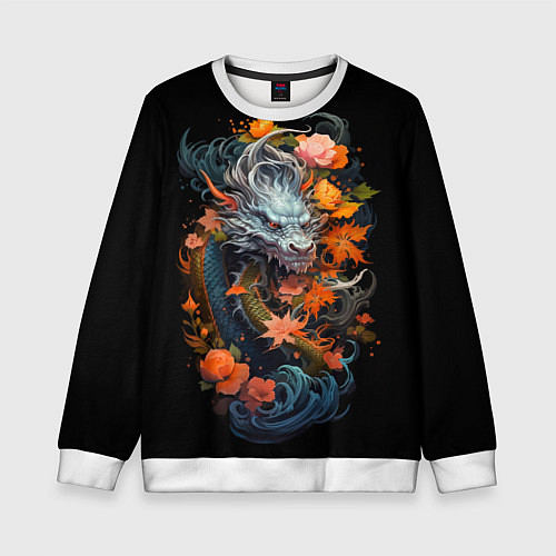 Детский свитшот Китайский дракон с цветами и волнами / 3D-Белый – фото 1
