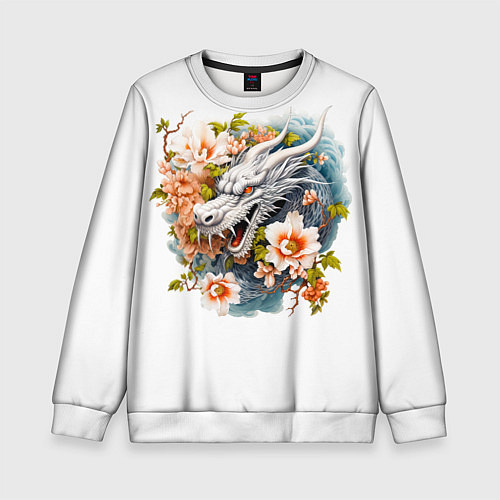Детский свитшот Китайский дракон в цветах сакуры / 3D-Белый – фото 1