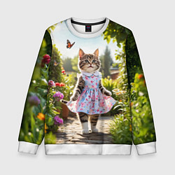 Свитшот детский Кошка в летнем платье в саду, цвет: 3D-белый