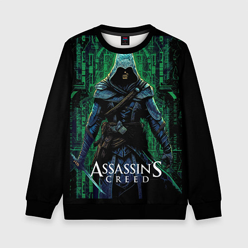 Детский свитшот Assassins creed зеленый стиль матрицы / 3D-Черный – фото 1
