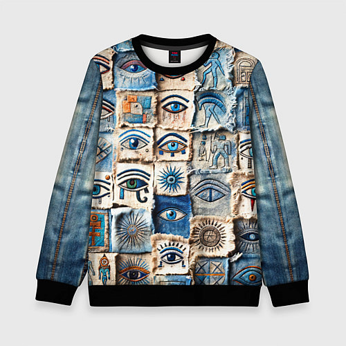 Детский свитшот Глаза на пэчворк дениме / 3D-Черный – фото 1