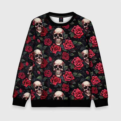 Детский свитшот Черепа и алые розы / 3D-Черный – фото 1