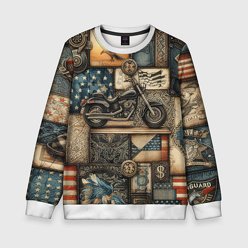 Детский свитшот Patchwork with a motorcycle - ai art / 3D-Белый – фото 1