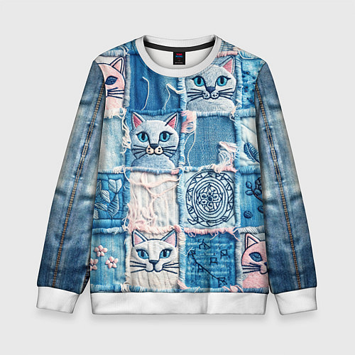 Детский свитшот Кошки на пэчворк джинсах паттерн / 3D-Белый – фото 1