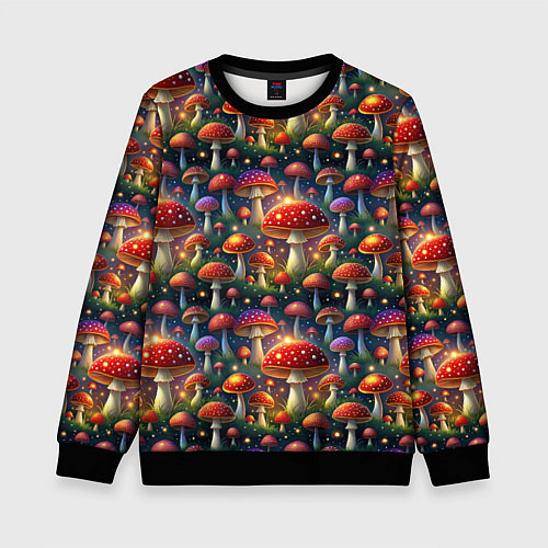 Детский свитшот Красные мухоморы в лесу паттерн / 3D-Черный – фото 1