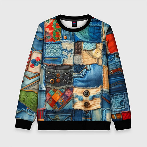 Детский свитшот Vanguard denim patchwork - ai art / 3D-Черный – фото 1