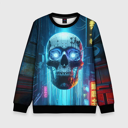 Детский свитшот Cyber skull - neon glow ai art / 3D-Черный – фото 1