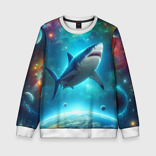 Детский свитшот Большая белая акула в космическом пространстве / 3D-Белый – фото 1