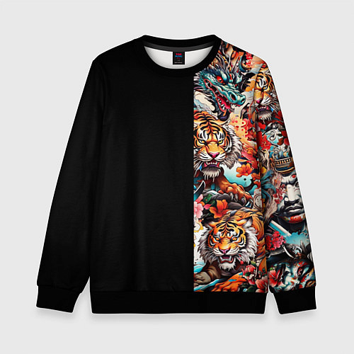 Детский свитшот Тату ирезуми дракона тигр лис и самурай / 3D-Черный – фото 1