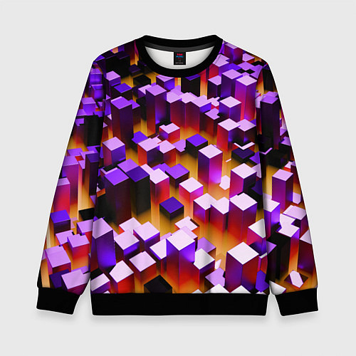 Детский свитшот Фиолетовые блоки в оранжевом тумане / 3D-Черный – фото 1