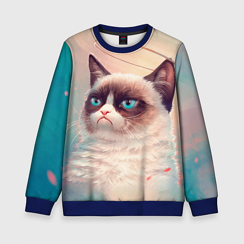 Детский свитшот Мемный кот Grumpy Cat с нимбом / 3D-Синий – фото 1