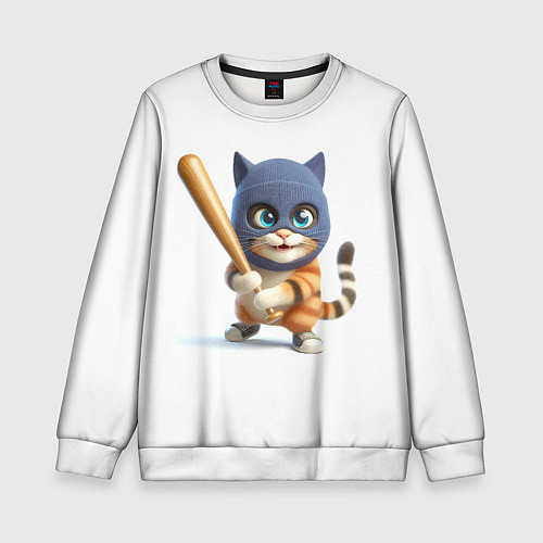 Детский свитшот Прикольный котёнок с бейсбольной битой и в балакла / 3D-Белый – фото 1