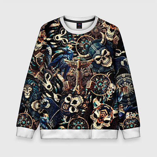 Детский свитшот Викинг-череп ворон, руны и молот Тора / 3D-Белый – фото 1