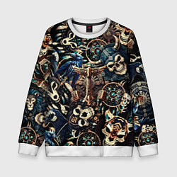 Свитшот детский Викинг-череп ворон, руны и молот Тора, цвет: 3D-белый