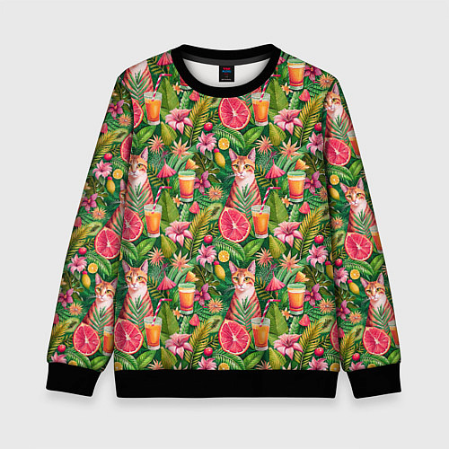 Детский свитшот Летний котик с коктейлем в тропических цветах / 3D-Черный – фото 1