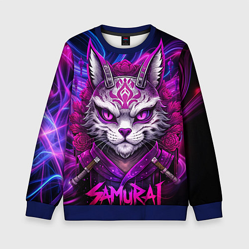 Детский свитшот Кот самурай в ярких фиолетовых оттенках / 3D-Синий – фото 1