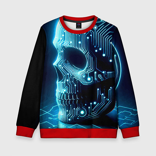 Детский свитшот Cyber neon skull - ai art с дорожками на плате / 3D-Красный – фото 1