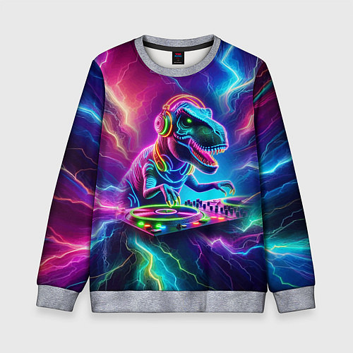 Детский свитшот Tyrannosaur DJ - neon glow / 3D-Меланж – фото 1
