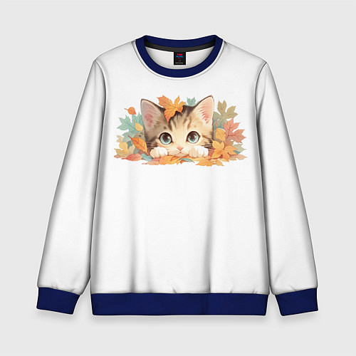 Детский свитшот Котёнок в листьях / 3D-Синий – фото 1