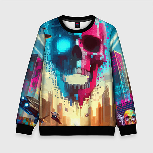 Детский свитшот Cool vanguard neon cyber skull - ai art / 3D-Черный – фото 1