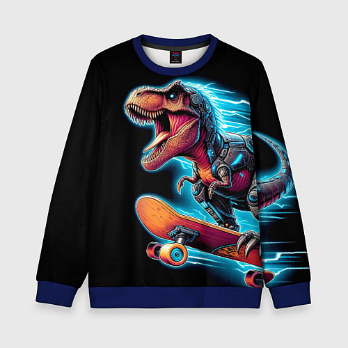 Детский свитшот Cool Dino on a skateboard - neon glow fantasy / 3D-Синий – фото 1