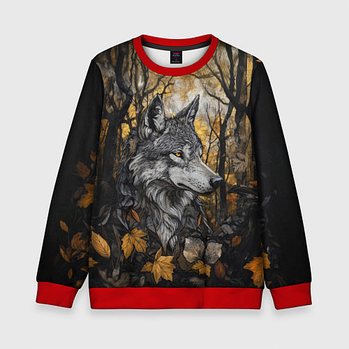 Детский свитшот Благородный волк в осеннем лесу / 3D-Красный – фото 1
