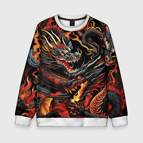 Детский свитшот Огненные драконы в стиле тату ирезуми на черном / 3D-Белый – фото 1