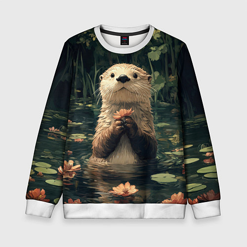 Детский свитшот Выдра в лесном пруду / 3D-Белый – фото 1