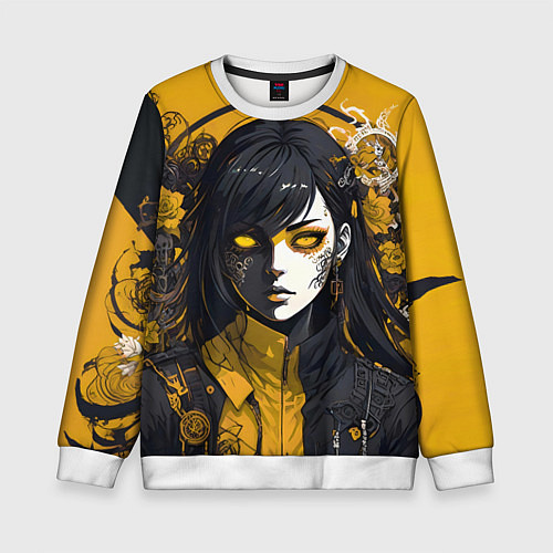 Детский свитшот Девушка в стиле аниме в куртке на жёлтом фоне / 3D-Белый – фото 1