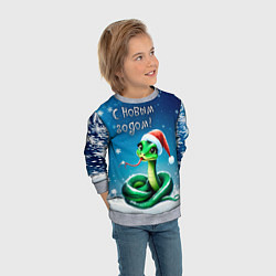 Свитшот детский Символ 2025 года: зеленая змея в красной шапочке, цвет: 3D-меланж — фото 2
