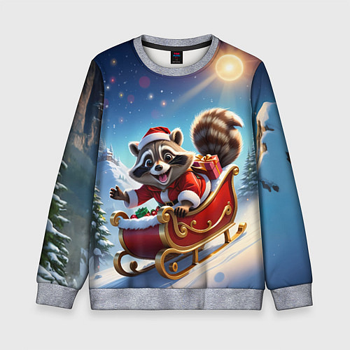 Детский свитшот Енот на санях / 3D-Меланж – фото 1