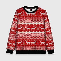Свитшот детский Вязаный новогодний орнамент с оленями и ёлками, цвет: 3D-черный