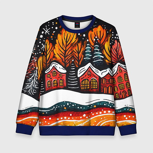 Детский свитшот Новогоднее настроение - домики и елки / 3D-Синий – фото 1