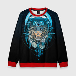 Свитшот детский Девушка-шаманка в шапке волка, цвет: 3D-красный