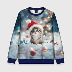 Свитшот детский Маленький котенок и елочные игрушки, цвет: 3D-синий