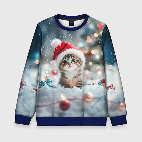 Детский свитшот Маленький котенок и елочные игрушки / 3D-Синий – фото 1