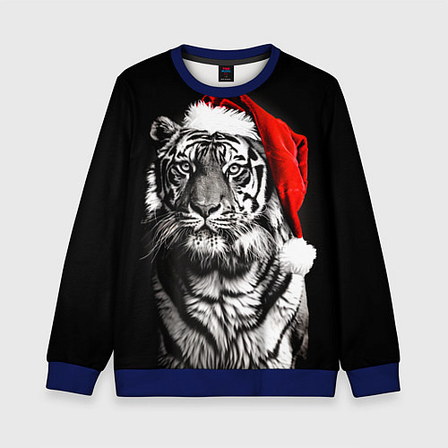 Детский свитшот Тигр в красном колпаке Деда Мороза / 3D-Синий – фото 1