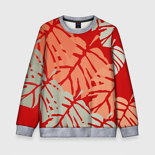 Детский свитшот Отпечатки монстеры на красном / 3D-Меланж – фото 1