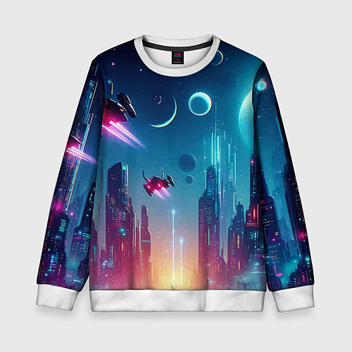 Детский свитшот Neon metropolis in the future - ai art fantasy / 3D-Белый – фото 1