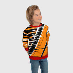Свитшот детский Чёрно-белые глитч полосы на оранжевом фоне, цвет: 3D-красный — фото 2